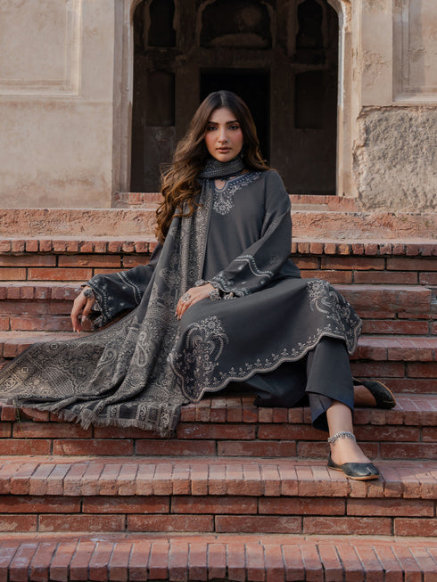 IZEL-3PC DHANAK EMBROIDERED SHIRT WITH COURTRAI PRINTED SHAWL & TROUSER-FW-225