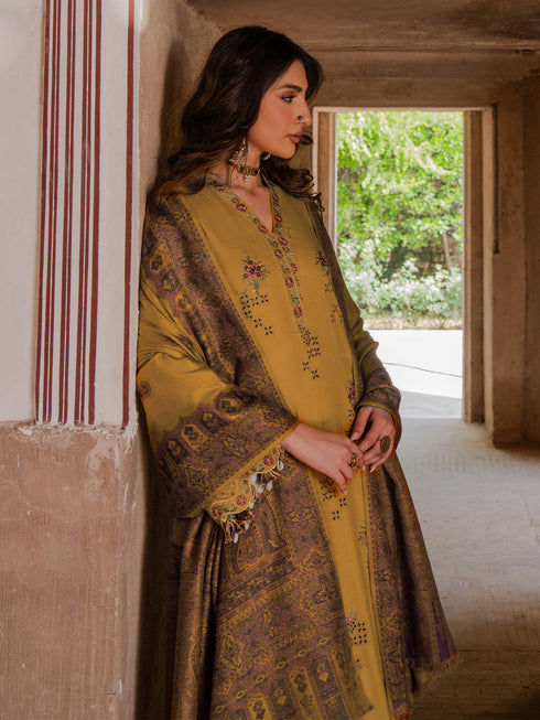 IZEL-3PC KARANDI EMBROIDERED SHIRT WITH PASHMINA WOOL SHAWL & KARANDI TROUSER-FW-223