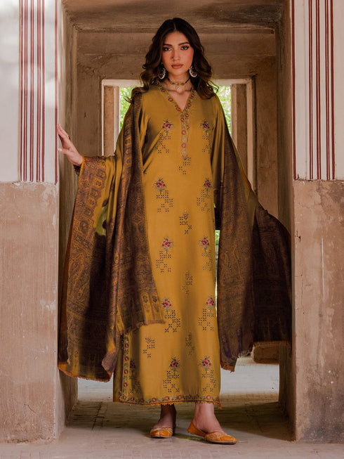 IZEL-3PC KARANDI EMBROIDERED SHIRT WITH PASHMINA WOOL SHAWL & KARANDI TROUSER-FW-223
