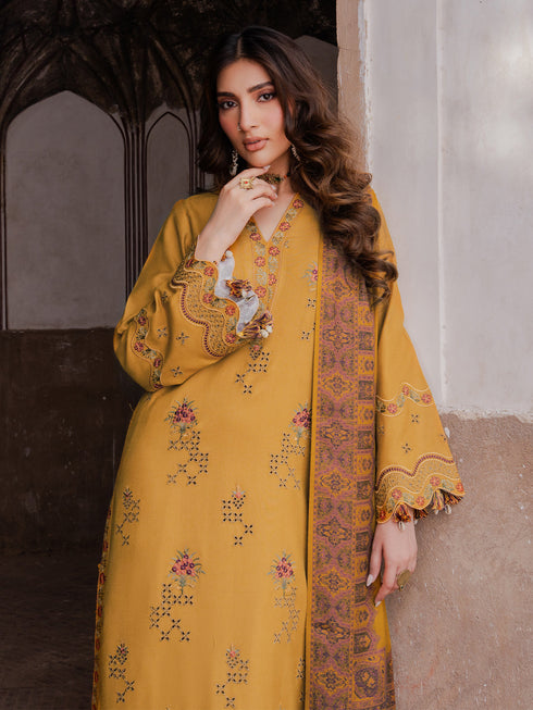 IZEL-3PC KARANDI EMBROIDERED SHIRT WITH PASHMINA WOOL SHAWL & KARANDI TROUSER-FW-223