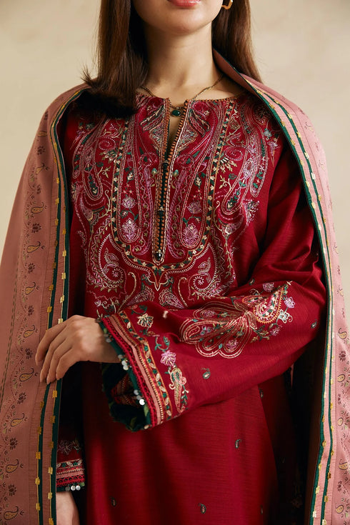 ZARA SHAHJAHAN -3PC EMBROIDERED DHANAK DRESS WITH WOOL SHAWL- FW-129