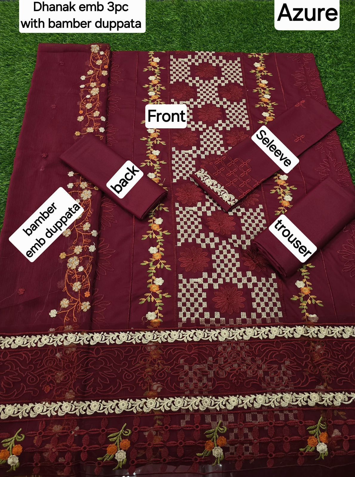 AZURE- 3PC DHANAK EMBROIDERED SHIRT WITH EMBROIDERED CHIFFON DUPPATA - FCW-01