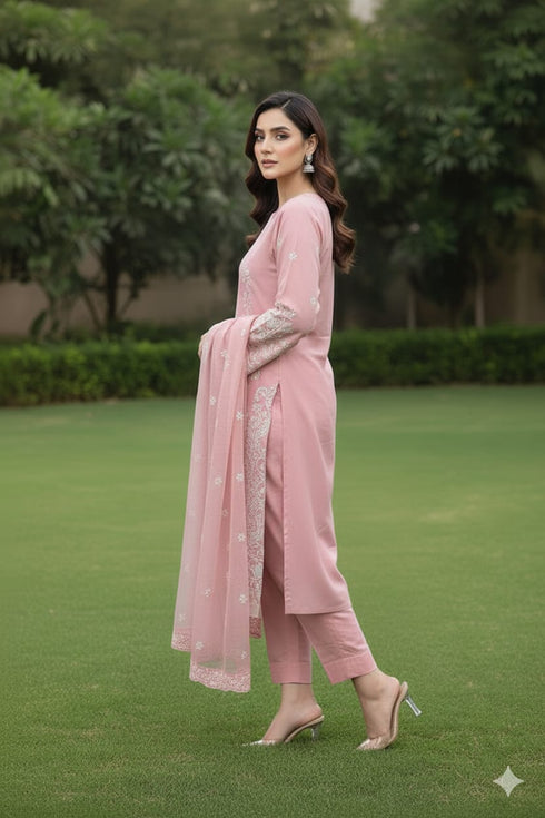 AIRY CLOTHES -3PC EMBROIDED LAWN DRESS WITH EMBROIDED ORGANZA DUPATTA- FCO-38