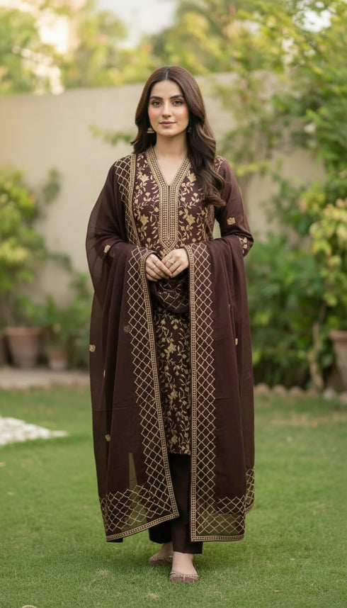 AIRY CLOTHES -3PC EMBROIDED LAWN DRESS WITH EMBROIDED CHIFFON DUPATTA- FCO-34