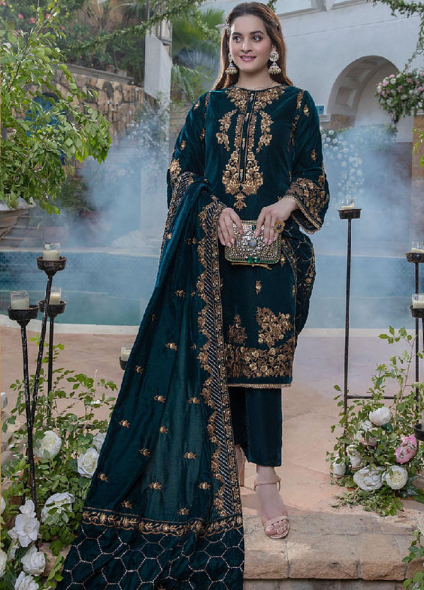 AZURE -3PC HEAVY EMBROIDERED FANCY DRESS WITH HEAVY EMBROIDERED FANCY VELVET SHAWL- FPW-61