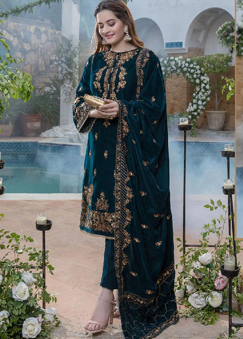 AZURE -3PC HEAVY EMBROIDERED FANCY DRESS WITH HEAVY EMBROIDERED FANCY VELVET SHAWL- FPW-61