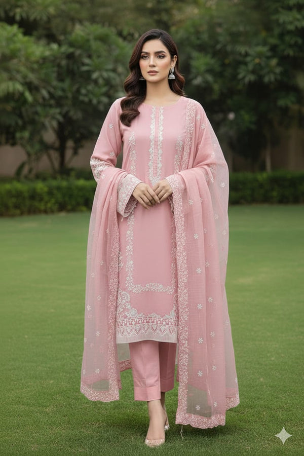 AIRY CLOTHES -3PC EMBROIDED LAWN DRESS WITH EMBROIDED ORGANZA DUPATTA- FCO-38