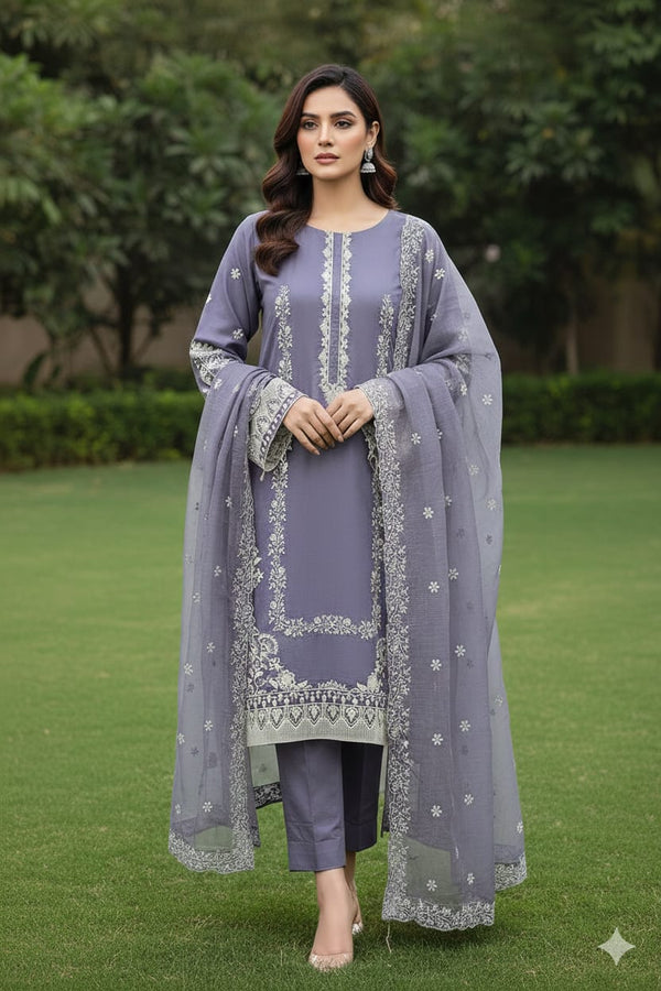 AIRY CLOTHES -3PC EMBROIDED LAWN DRESS WITH EMBROIDED ORGANZA DUPATTA- FCO-39