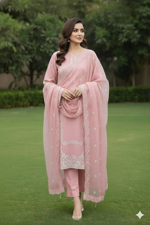 AIRY CLOTHES -3PC EMBROIDED LAWN DRESS WITH EMBROIDED ORGANZA DUPATTA- FCO-38