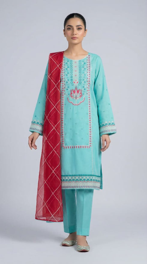 FAIRY CLOTHES-3PC EMBROIDED LAWN DRESS WITH EMBROIDED CHIFFON DUPATTA- FCO-49