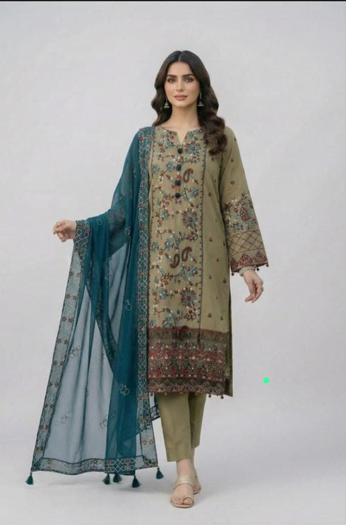 AIRY CLOTHES -3PC EMBROIDED LAWN DRESS WITH EMBROIDED CHIFFON DUPATTA- FCO-36