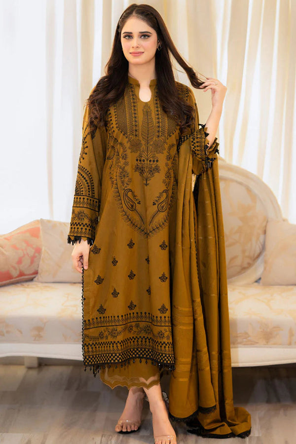 LIBAAS-3PC DHANAK EMBROIDERED SHIRT WITH DHANAK EMBROIDERED SHAWL & EMB TROUSER-BIC-4183