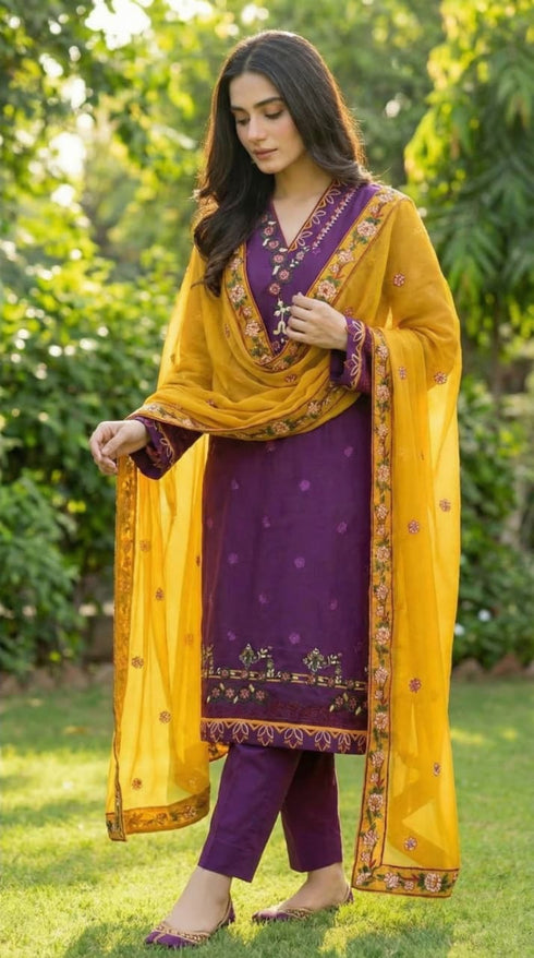 AIRY CLOTHES -3PC EMBROIDED LAWN DRESS WITH EMBROIDED CHIFFON DUPATTA- FCO-33