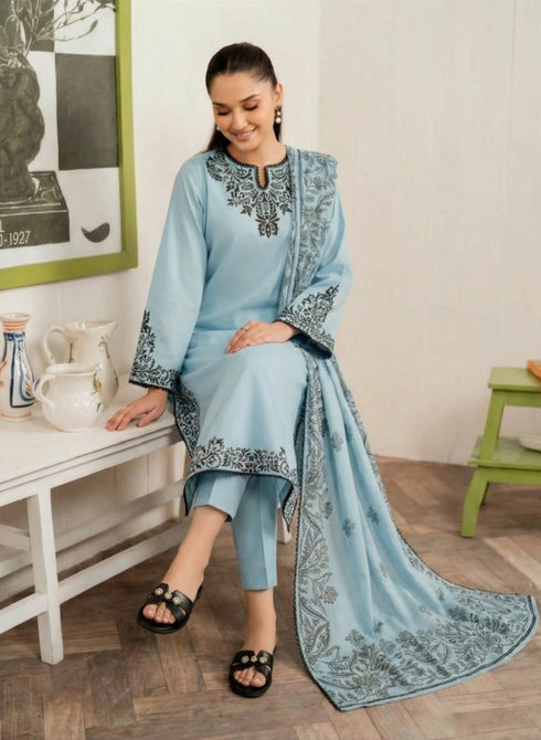 GRANEUT-3PC EMBROIDERED LAWN DRESS WITH PRINTED MONAR DUPPATA - FW-132 SKY BLUE