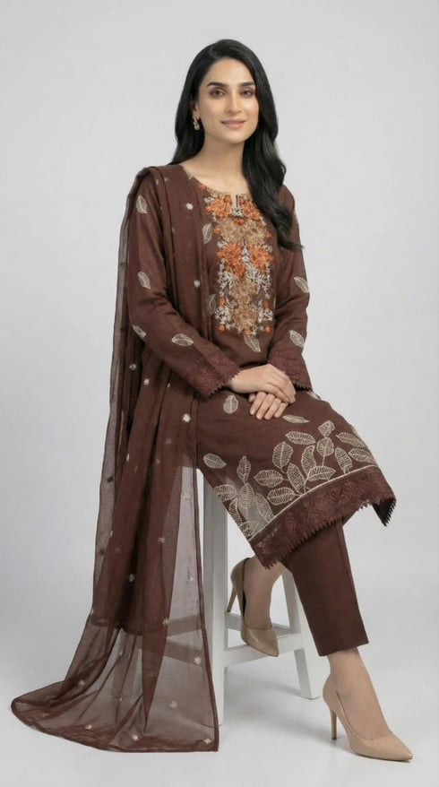 FAIRY CLOTHES-3PC EMBROIDED LAWN DRESS WITH EMBROIDED CHIFFON DUPATTA- FCO-50