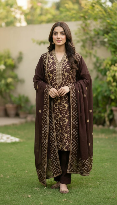 AIRY CLOTHES -3PC EMBROIDED LAWN DRESS WITH EMBROIDED CHIFFON DUPATTA- FCO-34
