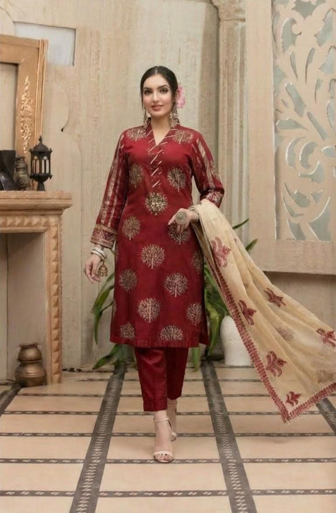 SAPPHIRE-3PC EMBROIDED LAWN DRESS WITH EMBROIDED CHIFFON DUPATTA- EL-34B