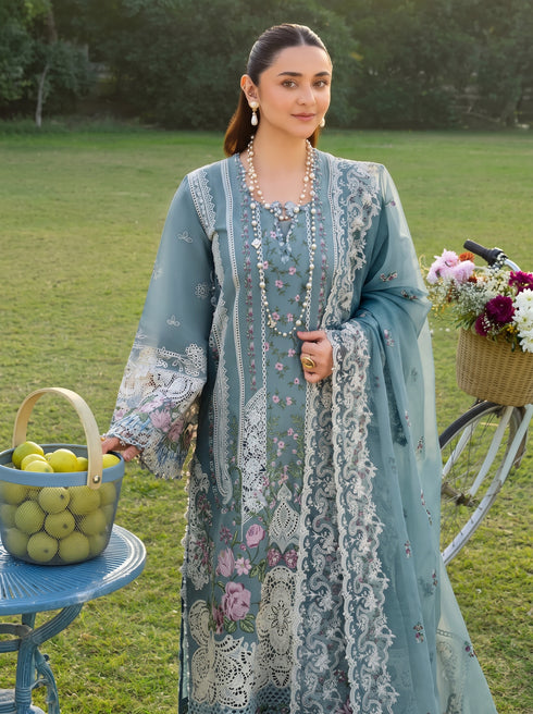 ELAF -EMBROIDED CUTWORK LAWN DRESS WITH COTTON NET EMBROIDED DUPATTA FN-128 SEA GRENN