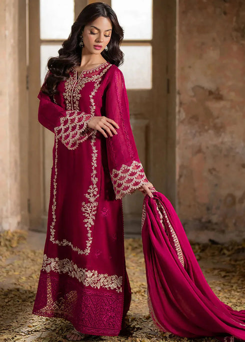 HUSSAIN REHAR-3PC DHANAK EMBROIDRED SHIRT WITH WOOL PRINT SHAWL AND TROUSER- FW-57