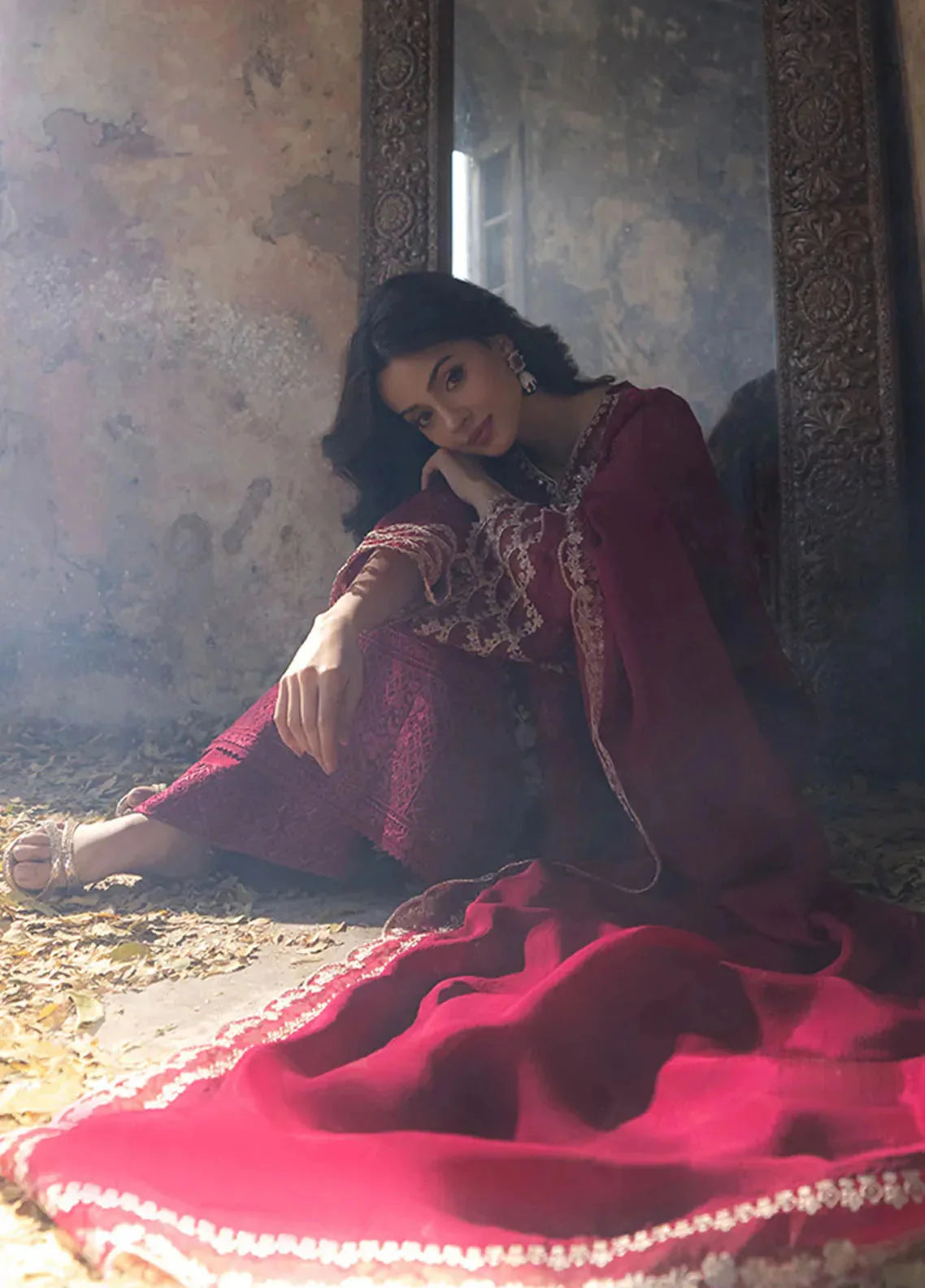 HUSSAIN REHAR-3PC DHANAK EMBROIDRED SHIRT WITH WOOL PRINT SHAWL AND TROUSER- FW-57