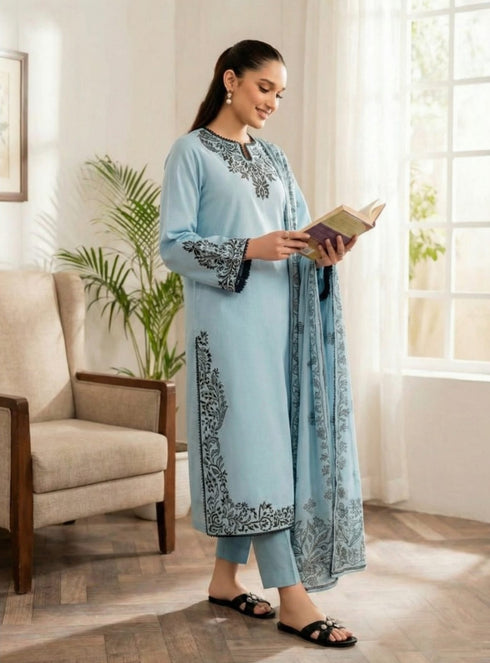 GRANEUT-3PC EMBROIDERED LAWN DRESS WITH PRINTED MONAR DUPPATA - FW-132 SKY BLUE