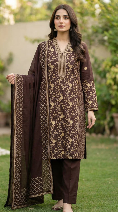AIRY CLOTHES -3PC EMBROIDED LAWN DRESS WITH EMBROIDED CHIFFON DUPATTA- FCO-34
