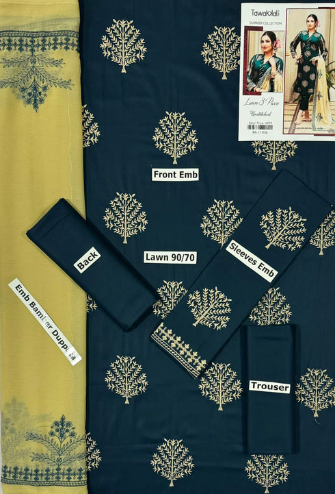 SAPPHIRE-3PC EMBROIDED LAWN DRESS WITH EMBROIDED CHIFFON DUPATTA- EL-34A