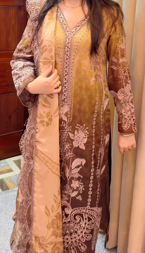 Fairy Clothes -EMBROIDED CUTWORK LINEN DRESS WITH FOUR SIDE EMBROIDED SILK DUPATTA FN-143