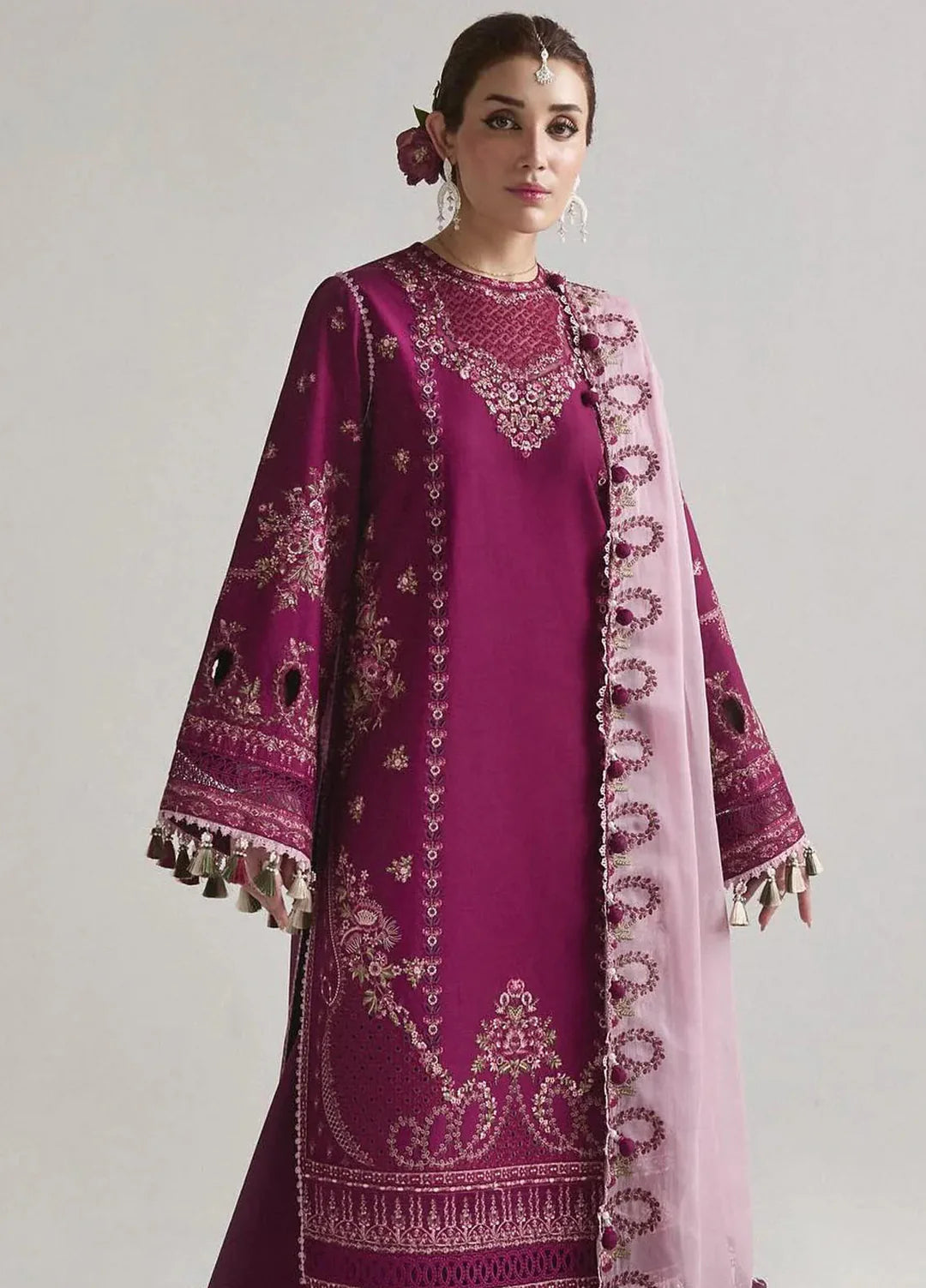 HUSSAIN REHAR- 3PC EMBROIDERED DHANAK DRESS WITH EMBROIDERED DHANAK WOOL SHAWL- FW-146