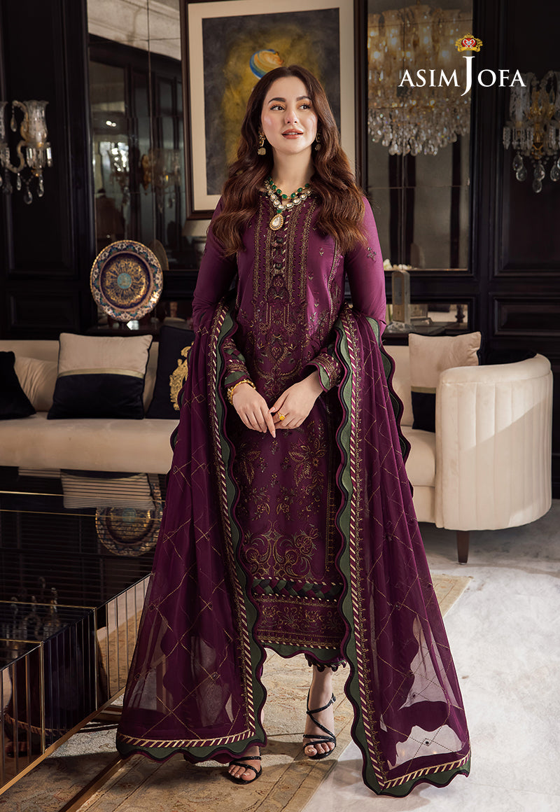 ASIM JOFA-3PC DHANAK EMBROIDERED SHIRT WITH DHANAK EMBROIDERED SHAWL & DHANAK TOUSER-FW-14