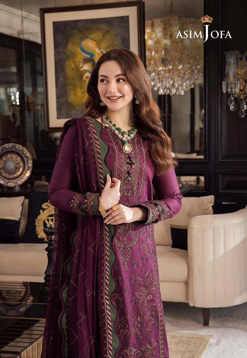 ASIM JOFA-3PC DHANAK EMBROIDERED SHIRT WITH DHANAK EMBROIDERED SHAWL & DHANAK TOUSER-FW-14
