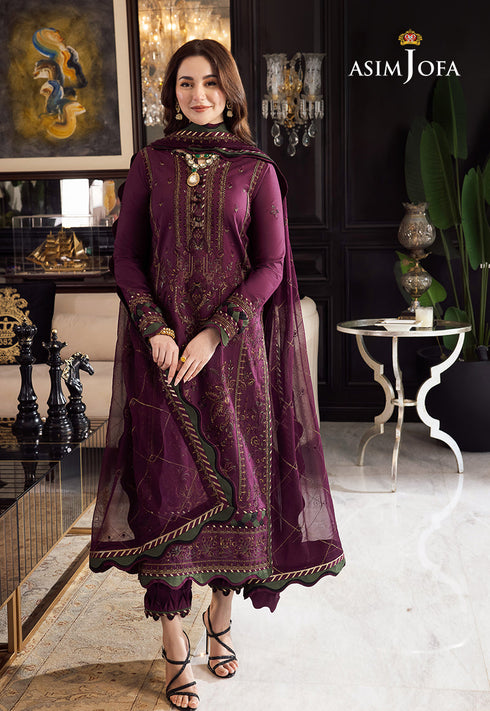 ASIM JOFA-3PC DHANAK EMBROIDERED SHIRT WITH DHANAK EMBROIDERED SHAWL & DHANAK TOUSER-FW-14