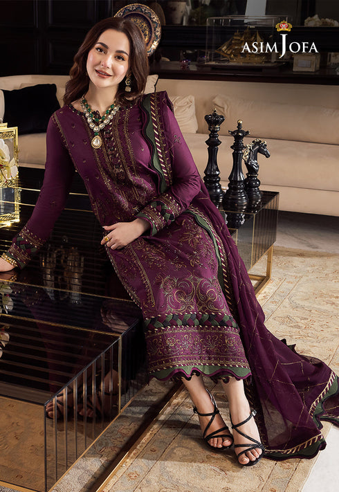 ASIM JOFA-3PC DHANAK EMBROIDERED SHIRT WITH DHANAK EMBROIDERED SHAWL & DHANAK TOUSER-FW-14