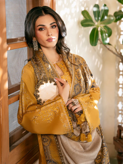 IZEL UNSTITCHED 3-PC DHANAK EMBROIDERED SHIRT WITH COURTRAI PRINTED SHAWL & TROUSER FCO 112