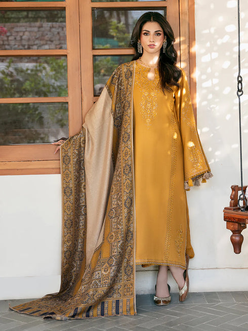 IZEL UNSTITCHED 3-PC DHANAK EMBROIDERED SHIRT WITH COURTRAI PRINTED SHAWL & TROUSER FCO 112