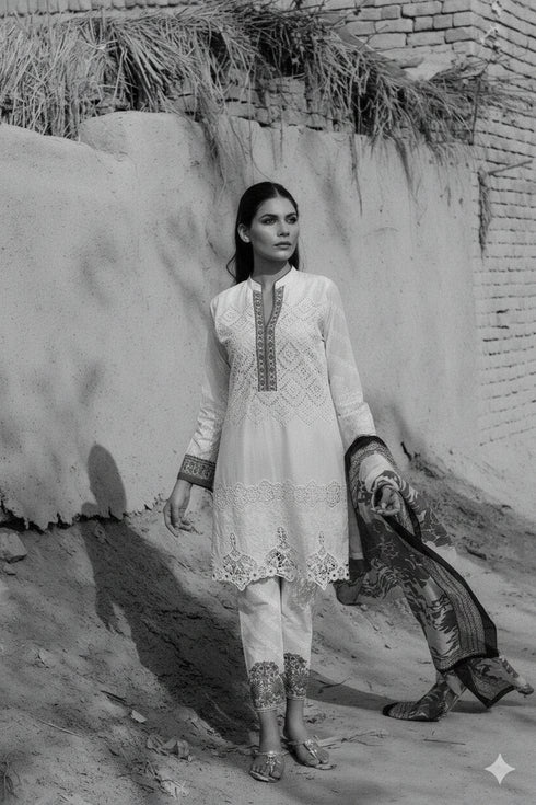 SANA SAFFINAZ -3PC EMBROIDERED SHIRT AND LAWN TROUSER WITH PRINTED SILK DUPPATA FCF-011