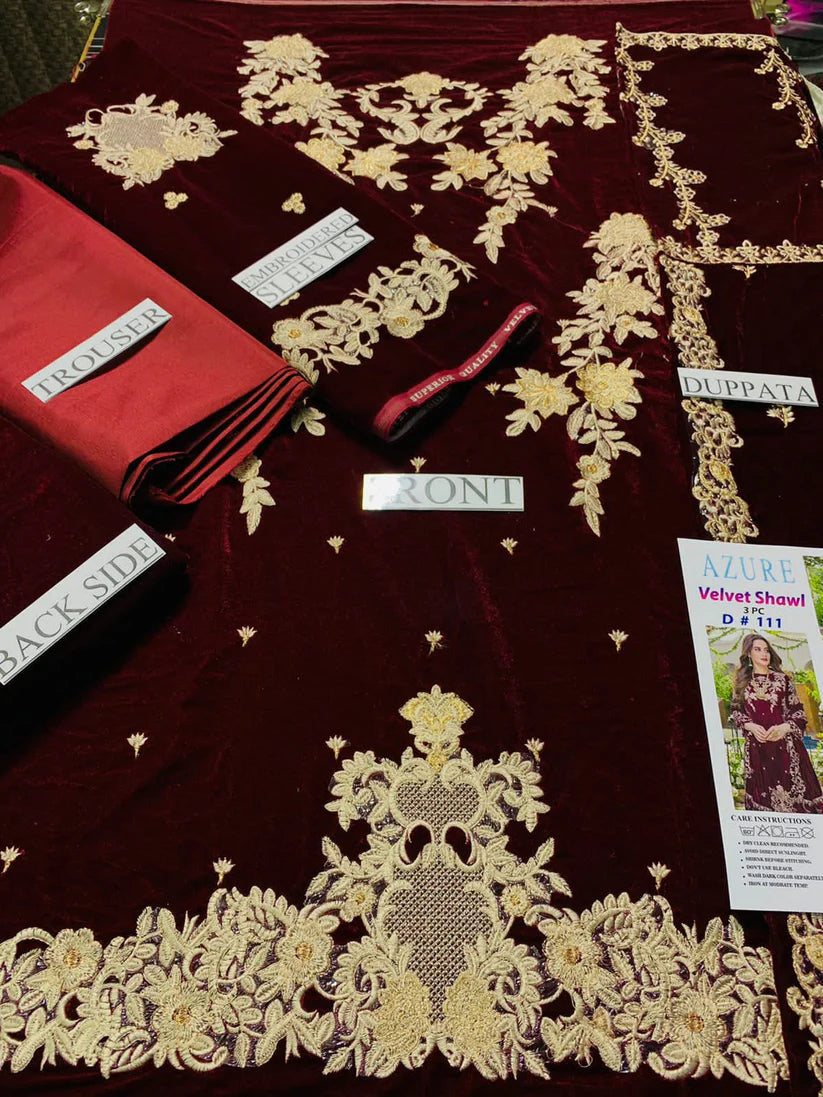 SANA ABBAS -3PC EMBROIDERED VELVET DRESS WITH HEAVY EMBROIDED NET DUPATTA- FPW-19