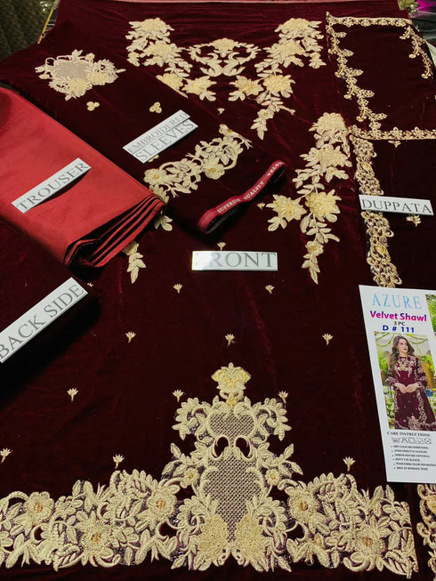 SANA ABBAS -3PC EMBROIDERED VELVET DRESS WITH HEAVY EMBROIDED NET DUPATTA- FPW-19