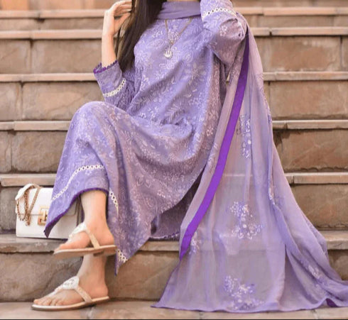 BAREEZE- 3PC EMBROIDERED DHANAK DRESS WITH EMBROIDERED DHANAK WOOL SHAWL- FW-145