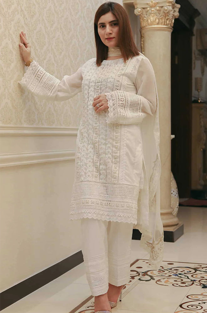 AZRA HAMEED - 3PC CHIKANKARI LAWN EMBROIDERED SHIRT WITH SOFT ORGANZA EMBROIDERED DUPATTA AND TROUSER - FCO-19