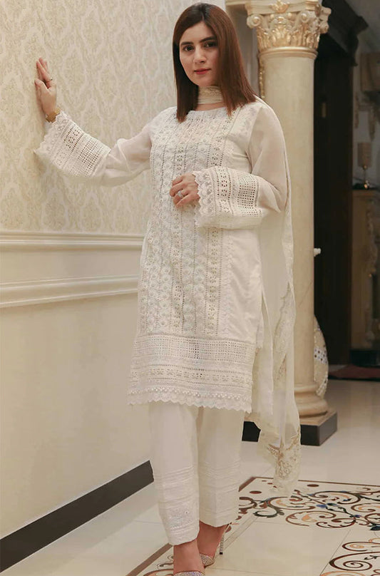 AZRA HAMEED - 3PC CHIKANKARI LAWN EMBROIDERED SHIRT WITH SOFT ORGANZA EMBROIDERED DUPATTA AND TROUSER - FCO-19