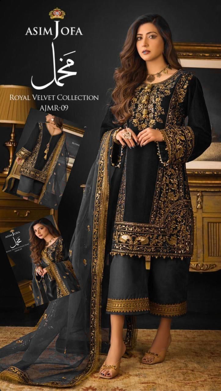 ASIM JOFA -FANCY EMBROIDED VELVET DRESS WITH 4 SIDE HEAVY EMBROIDED NET DUPATTA- FPW-05