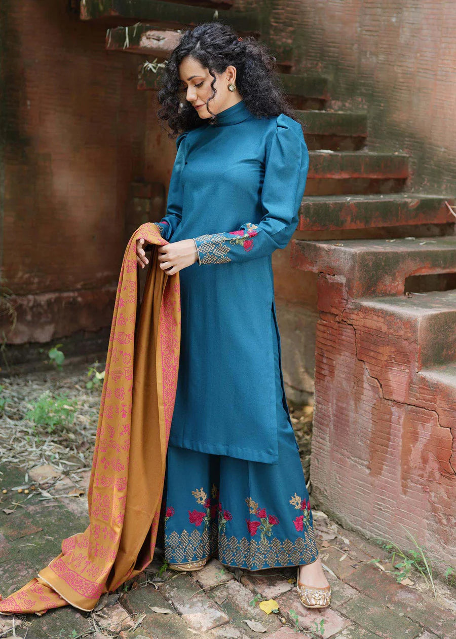 MARIA B - 3PC DHANAK EMBROIDERED SHIRT WITH WOOL PRINTED SHAWL AND TROUSER- FW-33