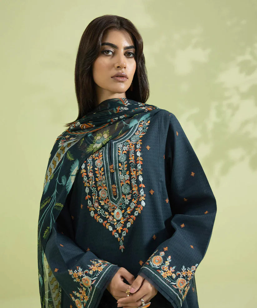 SAPPHIRE -3PC EMBROIDERED DHANAK DRESS WITH PURE SILK WOOL SHAWL- FW-109