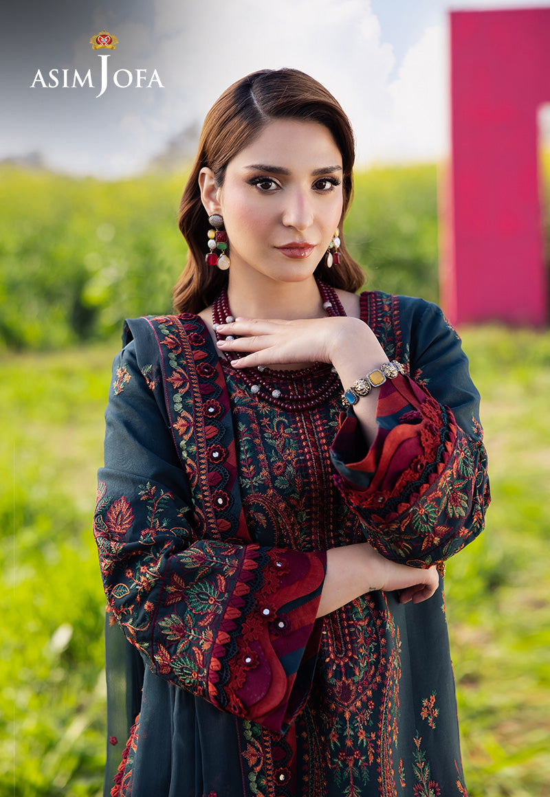 ASIM JOFA-3PC DHANAK EMBROIDERED SHIRT WITH DHANAK EMBROIDERED SHAWL AND TROUSER -FW-1