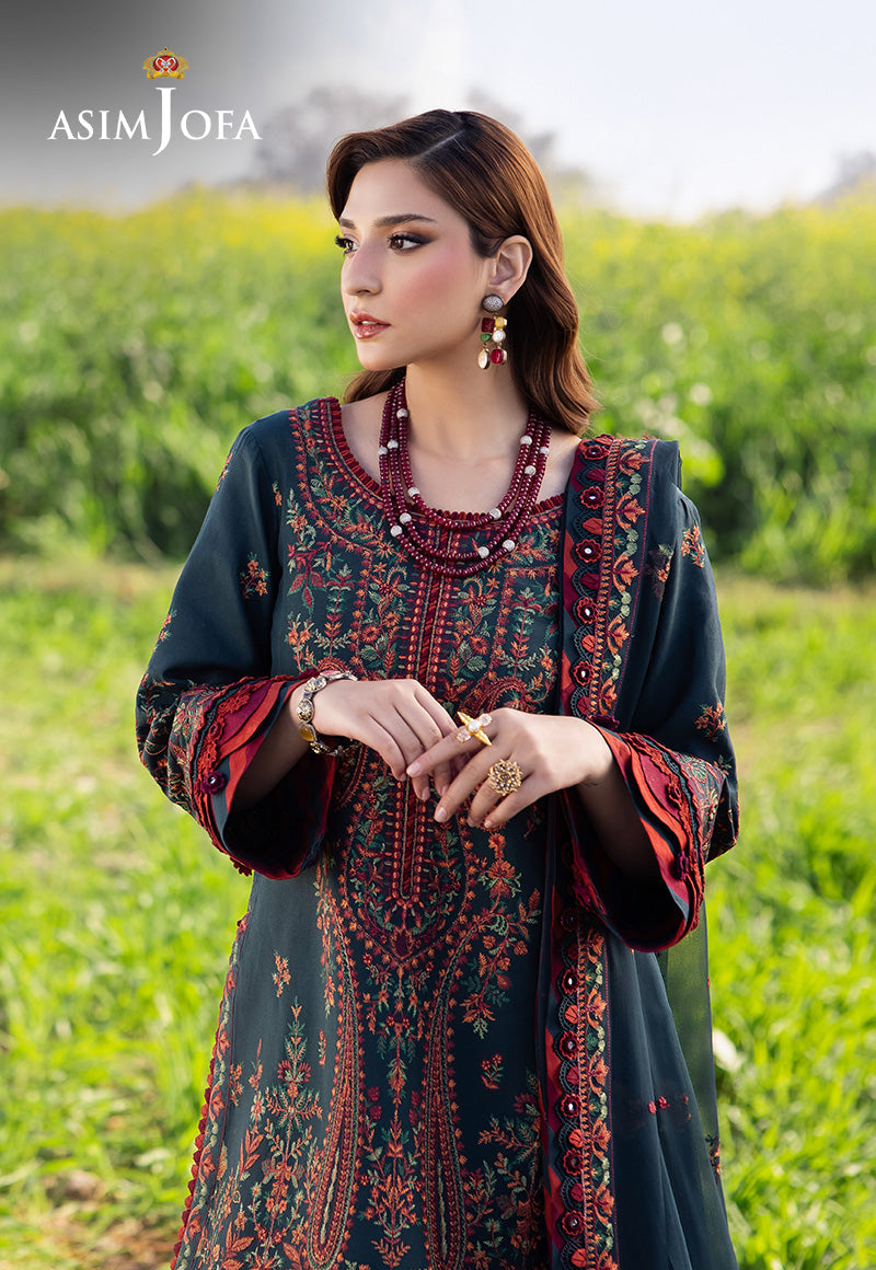 ASIM JOFA-3PC DHANAK EMBROIDERED SHIRT WITH DHANAK EMBROIDERED SHAWL AND TROUSER -FW-1