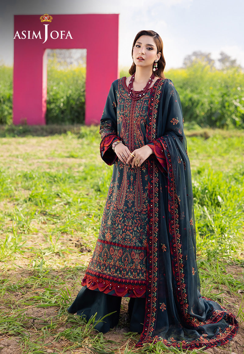 ASIM JOFA-3PC DHANAK EMBROIDERED SHIRT WITH DHANAK EMBROIDERED SHAWL AND TROUSER -FW-1