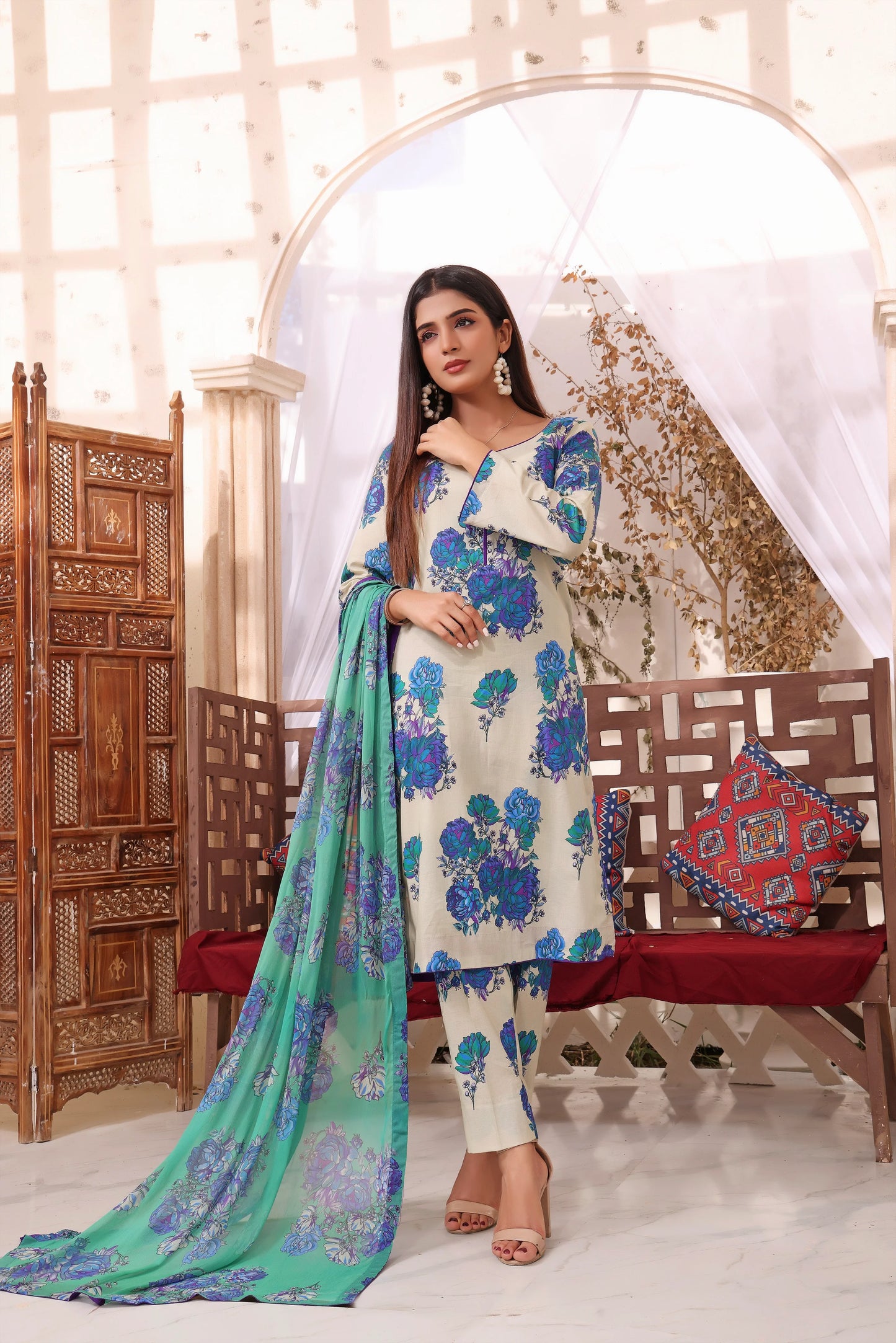 FEATHERS -3PC PRINTED LAWN DRESS WITH SILK DUPATTA- FCP-54