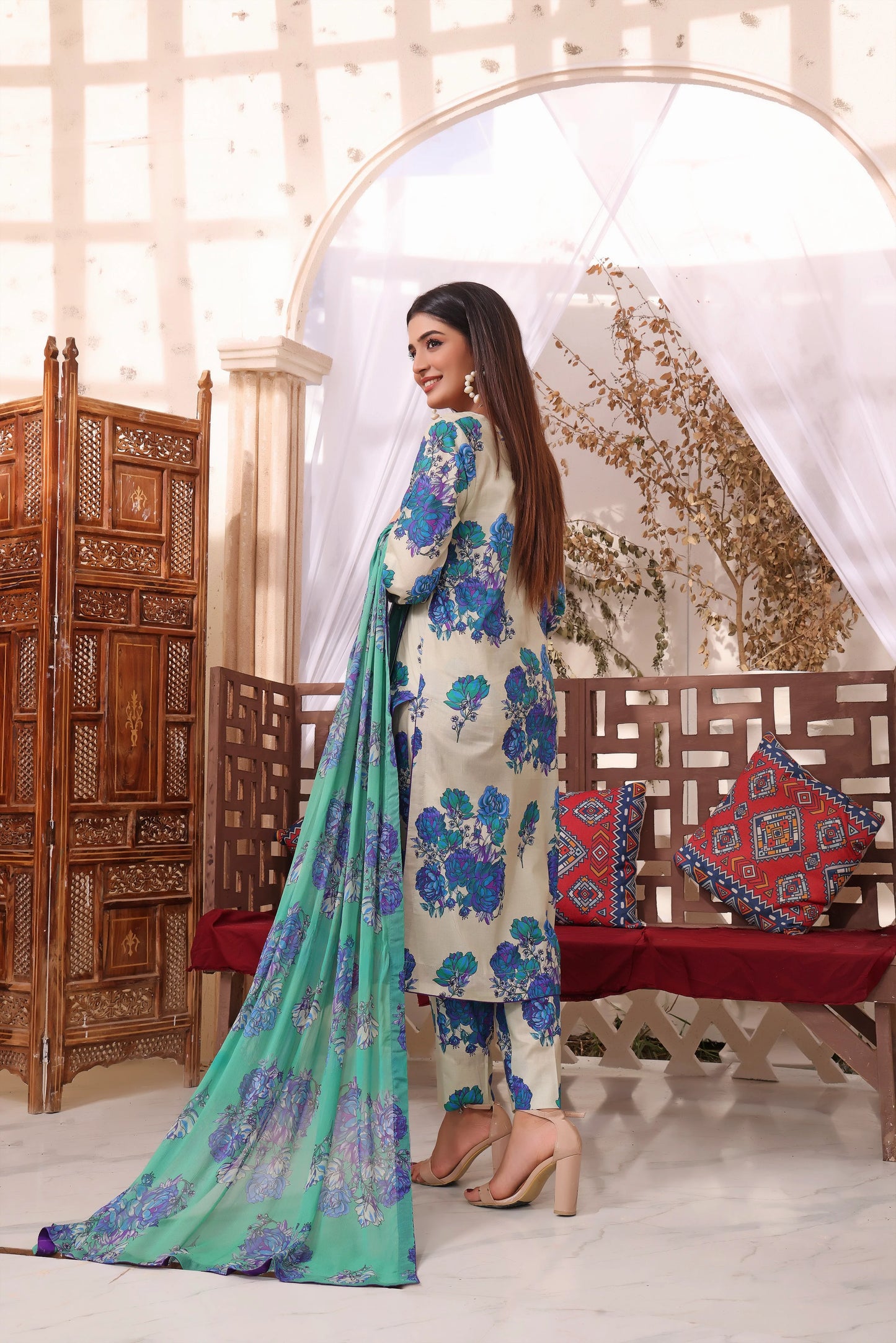 FEATHERS -3PC PRINTED LAWN DRESS WITH SILK DUPATTA- FCP-54