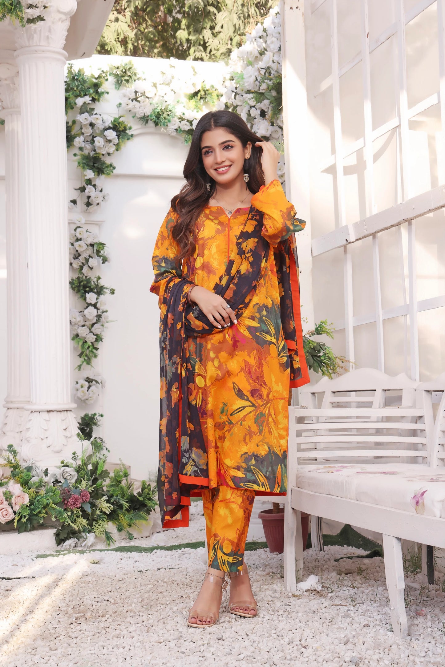 MAHAM -3PC PRINTED LAWN DRESS WITH SILK DUPATTA- FCP-40